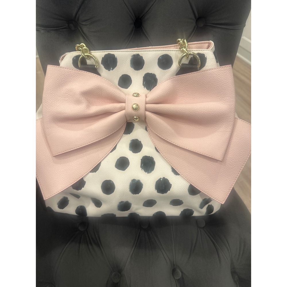 Betsey Johnson Pink Bow Polka Dot Tote Bag Gold Hardware Rose Lining shoulder